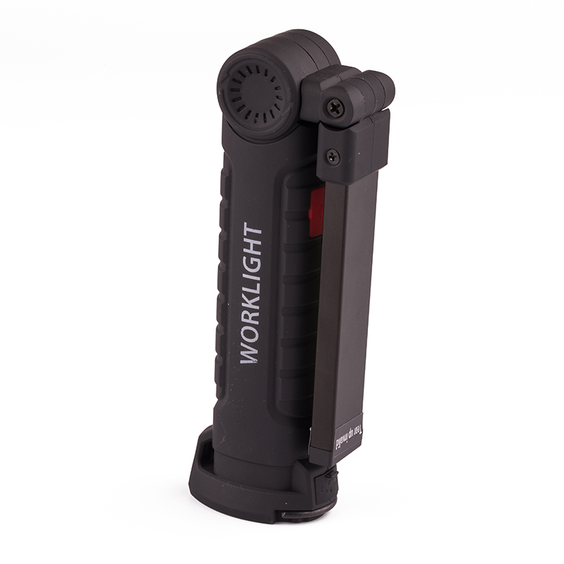 COB work light with magnetic base and hanging hook, 200 lumen LED plus COB output, 1200mAh 18650 rechargeable battery, aluminium heat-dissipating head, 5 lighting modes